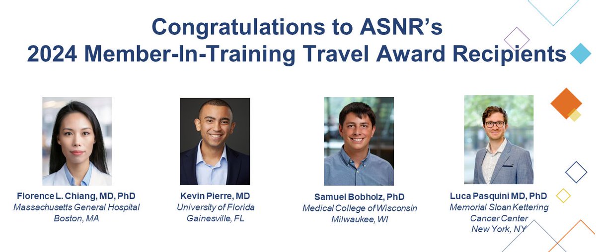 Congrats to our #ASNR24 Member-In-Training Travel Award recipients! 10 travel awards were given to top-ranked abstract authors, & awards included waived registration to ASNR24 & $1,000. View all winners here: ow.ly/WUIa50RvQOV #Neurorad #MedEd #RadRes