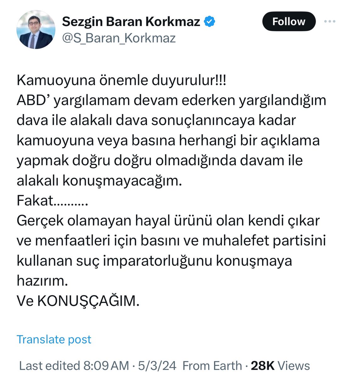 Sezgin Baran Korkmaz konuşacakmış…Konuşunca birşey değişir mi? Hayır. 17-24 Aralık ne oldu? Sedat Peker konuştu ne oldu? Devletin tüm kurumları hukuk Erdoğan’ın kontrolü altında… Konuşursa en fazla günü geldiğinde Erdoğan’a karşı delil olur o kadar… #cokusdonemi