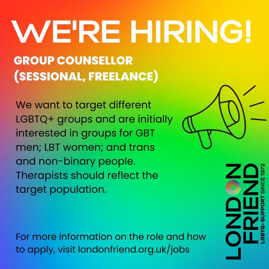 📣 We're #hiring! We're looking for qualified accredited LGBTQ+ therapists who can run 12-week online group counselling

📩 For more information, visit londonfriend.org.uk/jobs