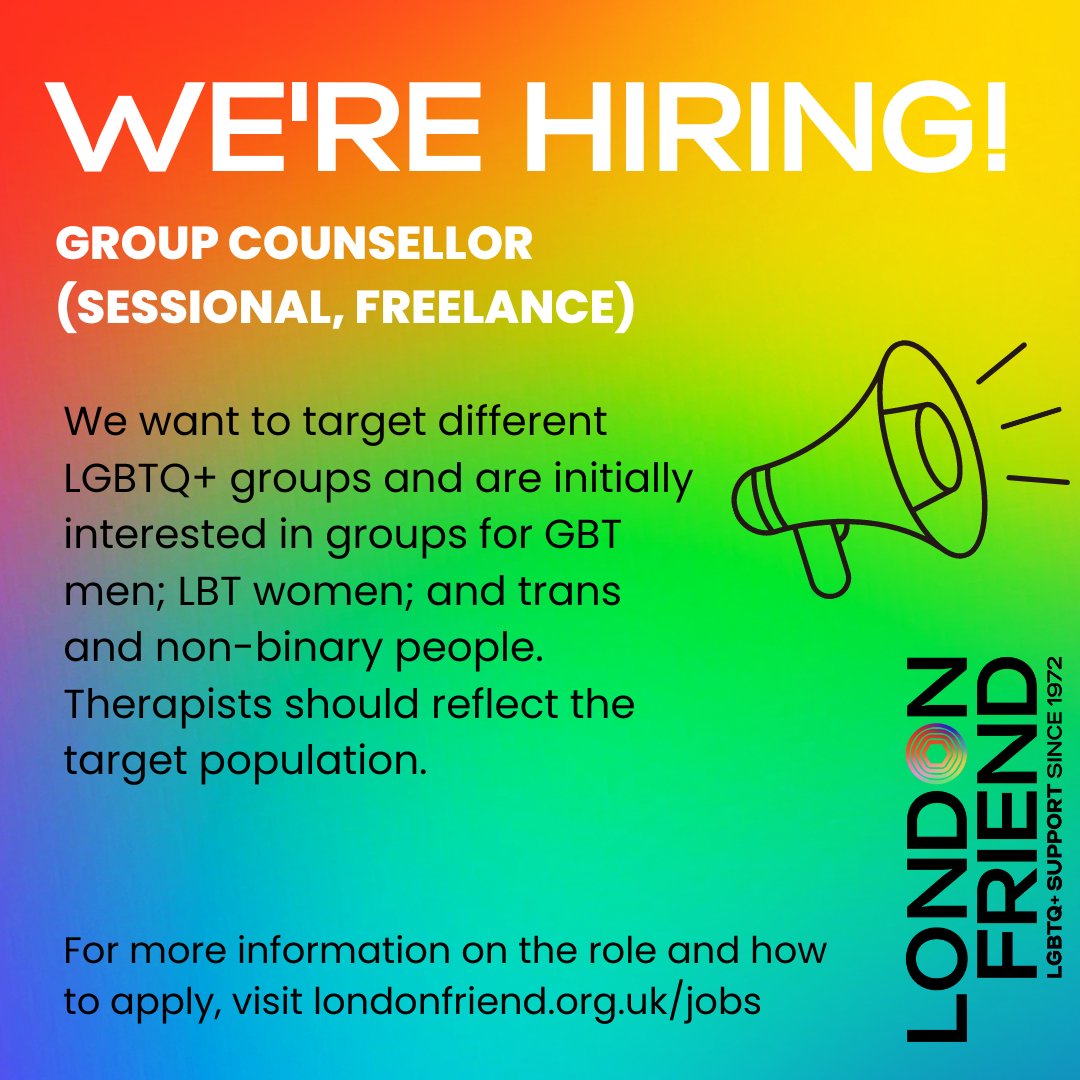 📣 We're #hiring! We're looking for qualified accredited LGBTQ+ therapists who can run 12-week online group counselling 📩 For more information, visit londonfriend.org.uk/jobs
