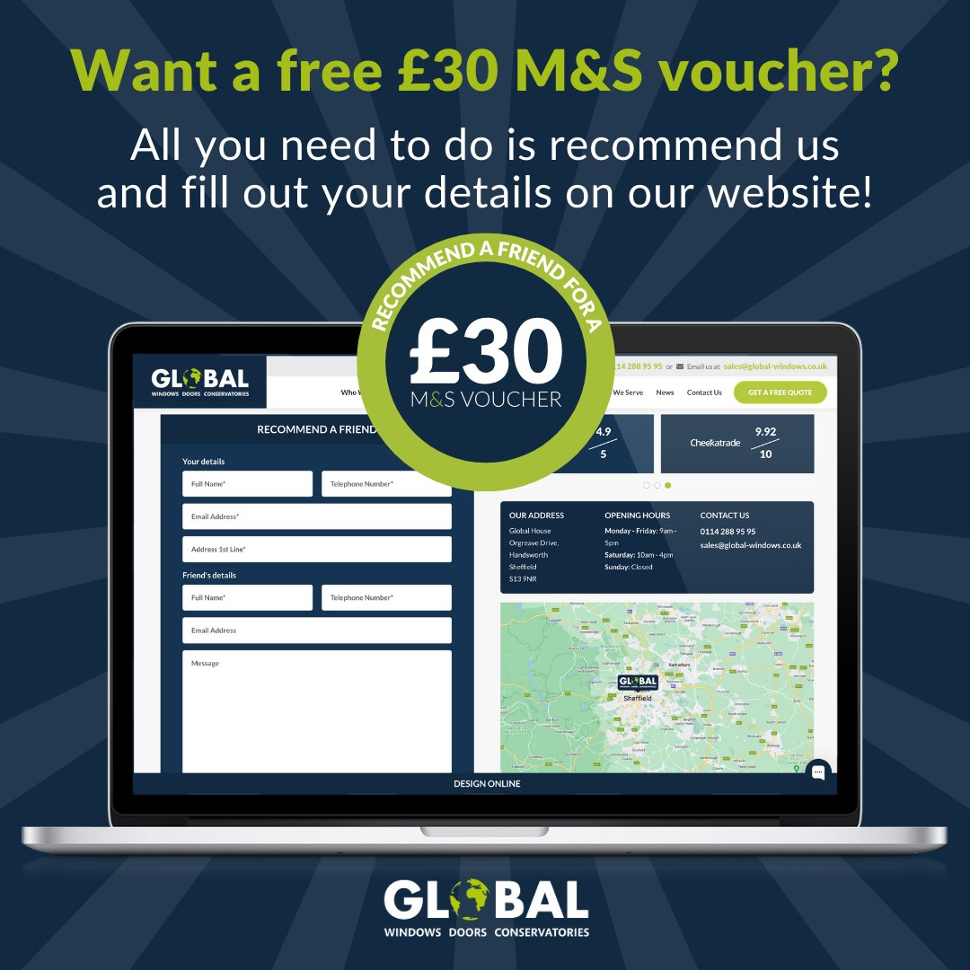 Our Recommend a Friend scheme is for our existing customers who want to share their good experiences and recommend us. We’ll give you a £30 M&S voucher in exchange for the recommendation.  
 
global-windows.co.uk/recommend-a-fr… 
 
#ReferAFriend