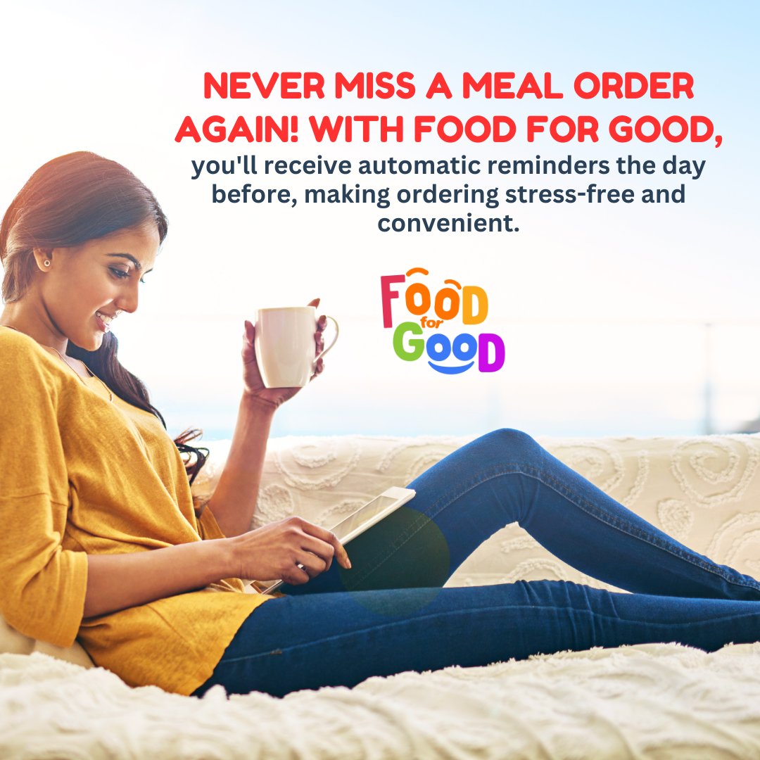 🍽️🚀 Simplify meal planning with Food For Good! Get reminders 5 days before the deadline, choose delicious, healthy meals in 48 hrs., and receive confirmation before delivery. Easy, right? #MealPlanning #HealthyEats #ParentingMadeEasy #StressFree #FoodForGood