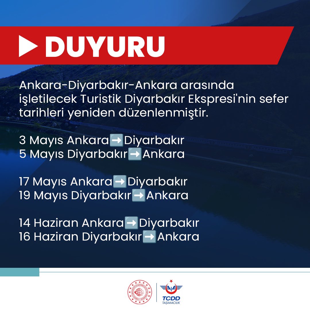 Ankara-Diyarbakır-Ankara arasında işletilecek Turistik Diyarbakır Ekspresi'nin sefer tarihleri yeniden düzenlenmiştir. 3 Mayıs Ankara➡️Diyarbakır 5 Mayıs Diyarbakır➡️Ankara 17 Mayıs Ankara➡️Diyarbakır 19 Mayıs Diyarbakır➡️Ankara 14 Haziran Ankara➡️Diyarbakır 16 Haziran