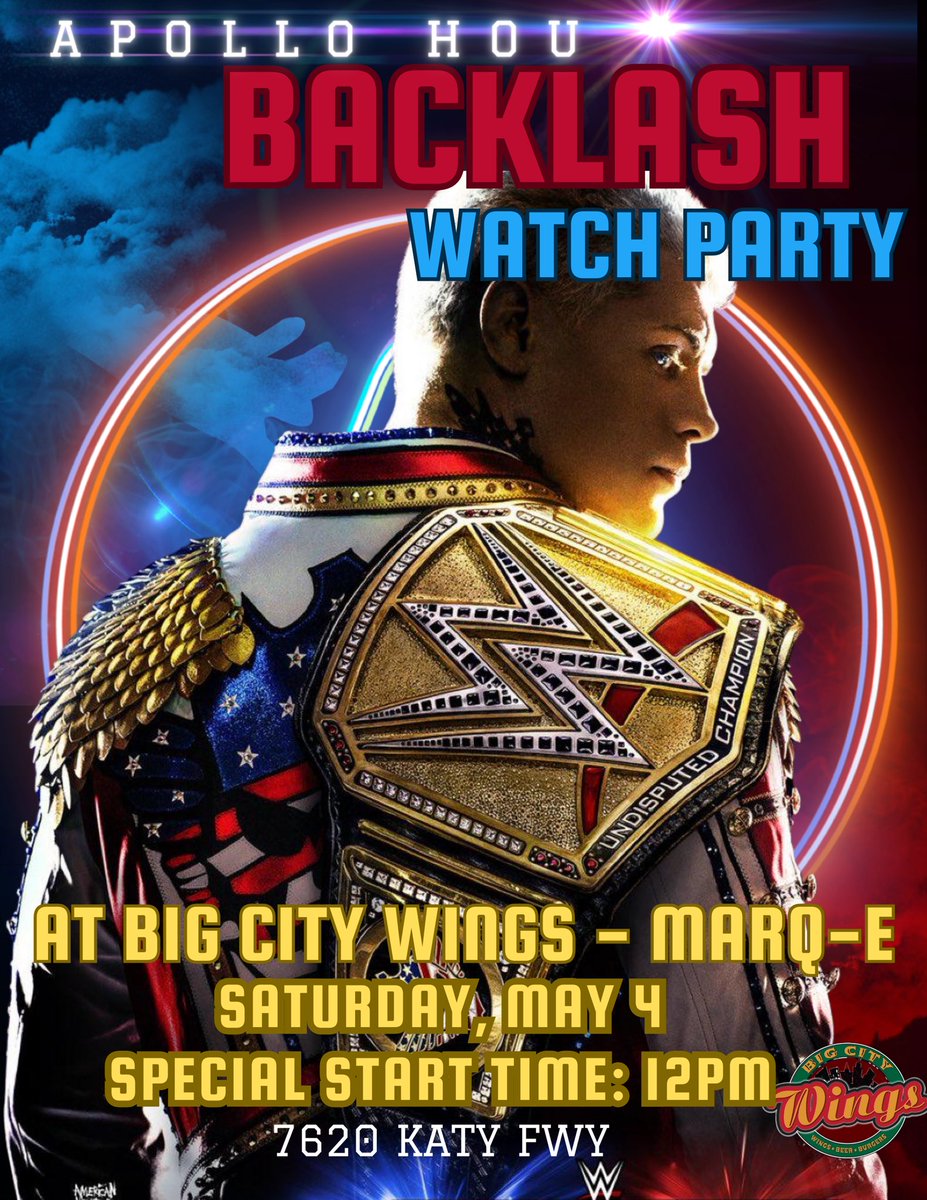 🚨Be Part of the Apollo Wrestling Universe.🚨 What: #WWEBacklash Where: @BigCityWings Marq-E When: Saturday May 4th Time: 12 PM WATCH WRESTLING. 🔥