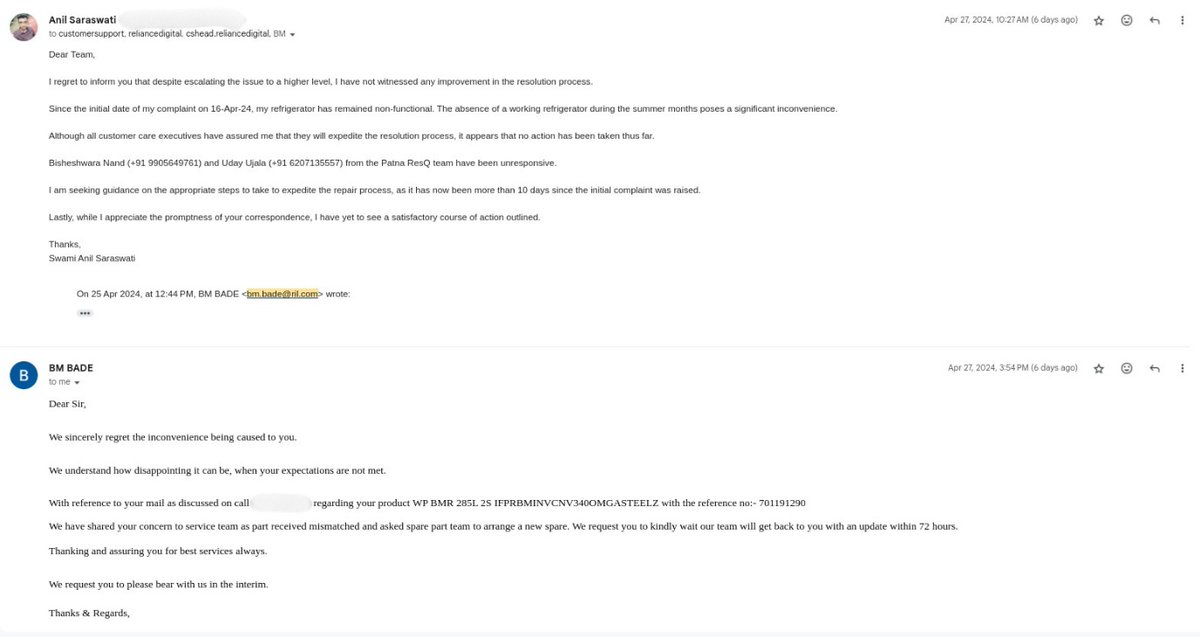 Disappointed with @RelianceDigital's technician service for refrigerator repair. Lack of professionalism and delays in updates are unacceptable.
Reference No:- 701191290
 #CustomerServiceFail @RIL_Updates @reliancegroup