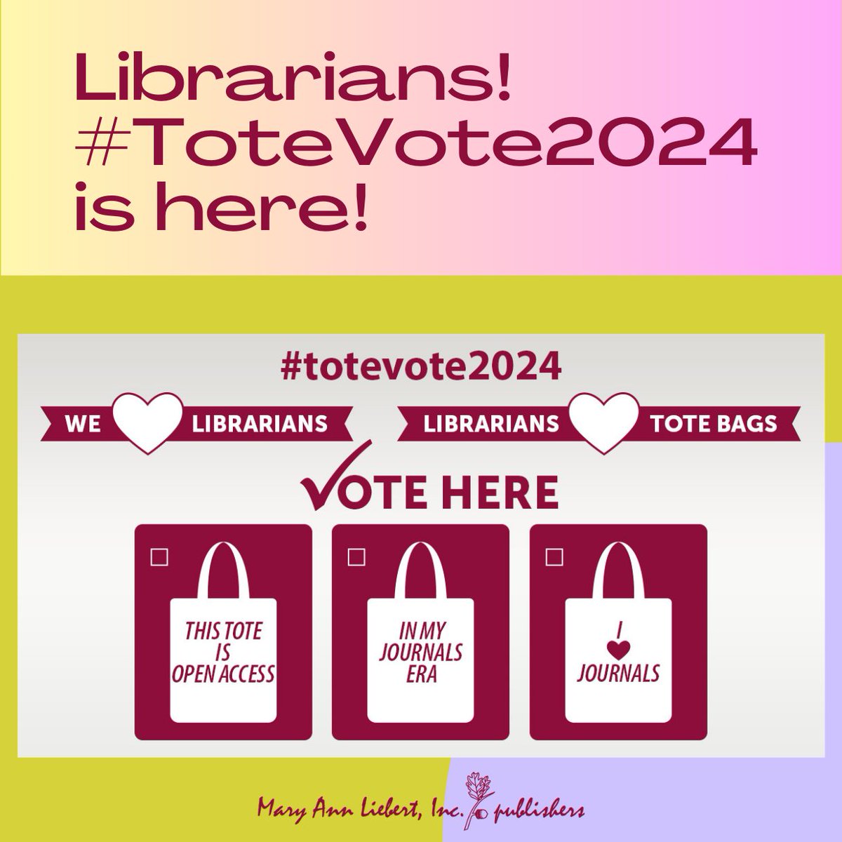 📚✨ Librarians, have your say in #ToteVote2024! ✨📚 Choose your favorite tote design: 1️⃣ 'This Tote is Open Access' 2️⃣ 'In My Journals Era' 3️⃣ 'I ❤️ Journals' 🗳️ Vote now: surveymonkey.com/r/totevote2024 and share with your peers! #Librarians #ToteVote2024