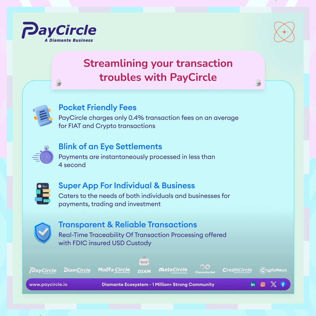 Built on the robust #DiamanteNet, a Layer-1 blockchain network, PayCircle is here to redefine how you handle banking, payments, investments, and accounting—all in one place.