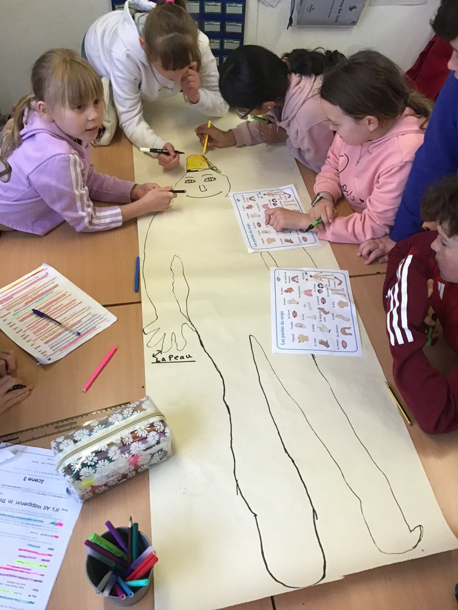I.A 3.1 Dosbarth Oak enjoyed their French session this week, learning the parts of the body in French and labelling them on their human sized drawings! Tres Bien 🇫🇷 @CSC_langlitcomm