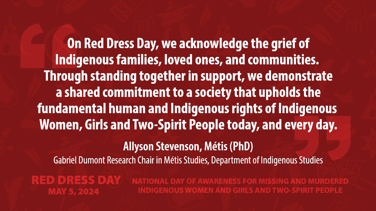 Each year, Red Dress Day invites us to honour the lives of Indigenous Women, Girls and Two-Spirit People who have been lost to the violence of the Missing and Murdered Women, Girls and Two-Spirit People (MMIWG2S) crisis in Canada. Hear from Métis scholar Allyson Stevenson ⬇️