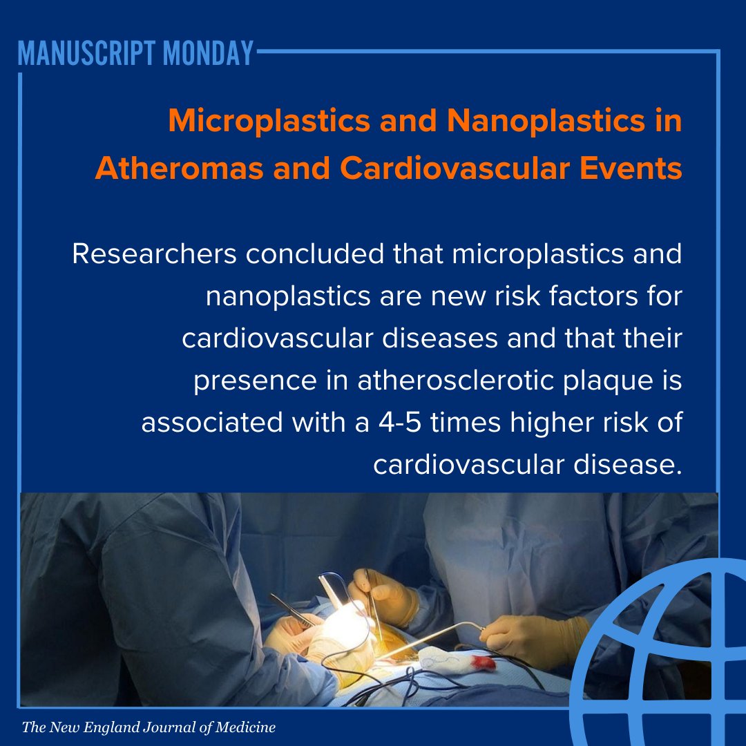 📊It's #ManuscriptMonday!
This recent study, published on @NEJM, shows that individuals with artery buildup face a 4-5x higher risk of heart attack, stroke, or death if microplastics and nanoplastics particles are present.
✨Read now ➡️ nejm.org/doi/full/10.10…
#HeartHealth