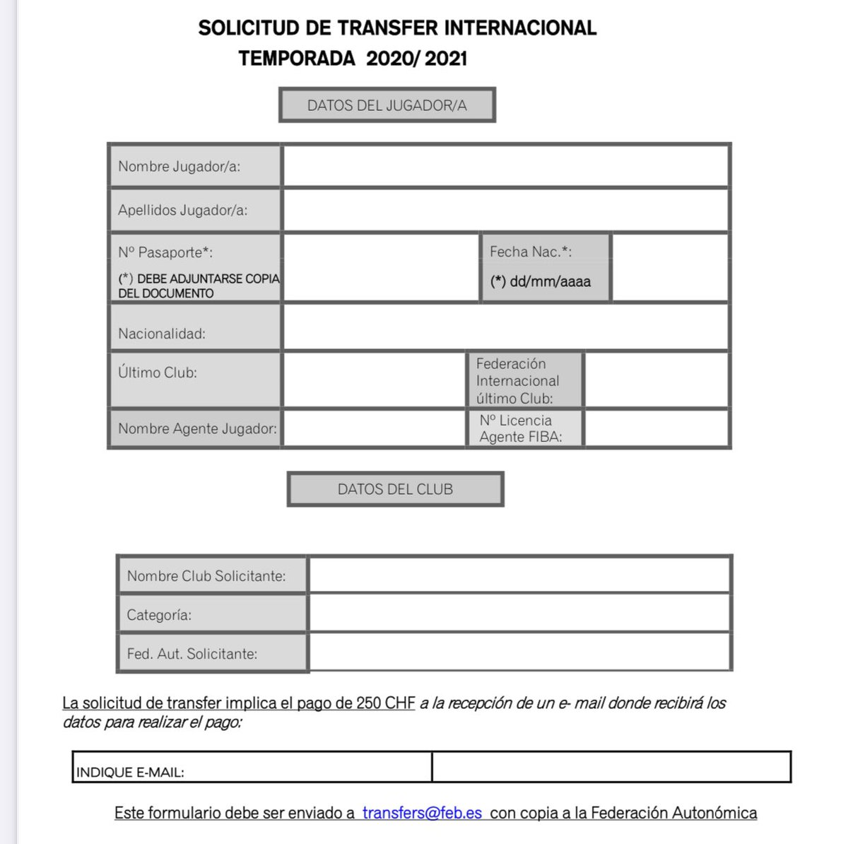 Así es la planilla que llenan los equipos para solicitar el transfer de un jugador, primero el transfer debe llevar el número de algún agente fiba que además conozca donde debería estar el transfer del jugador para solicitarla al lugar correcto, ya que si no se perdería tiempo.