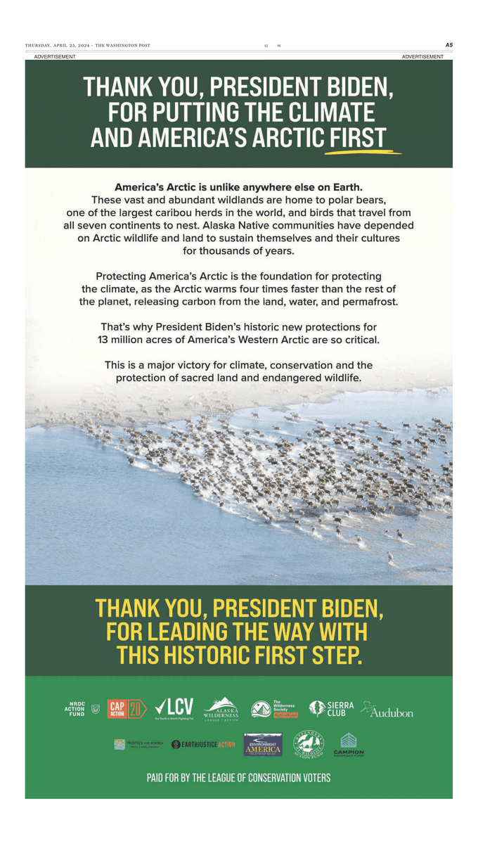 .@POTUS and @SecDebHaaland are taking critical action to protect the diverse landscapes and wildlife of the Western Arctic that Alaska Native communities have depended on for thousands of years! This week, we ran an ad in the @WashingtonPost to thank them for their work.
