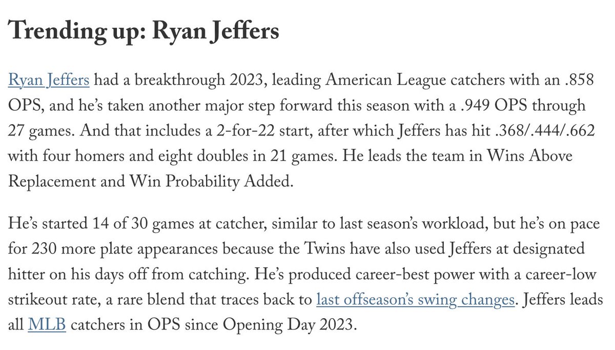 I wrote about a bunch of #MNTwins trends, both positive and negative, including Ryan Jeffers' post-breakout breakout: theathletic.com/5461028/2024/0…