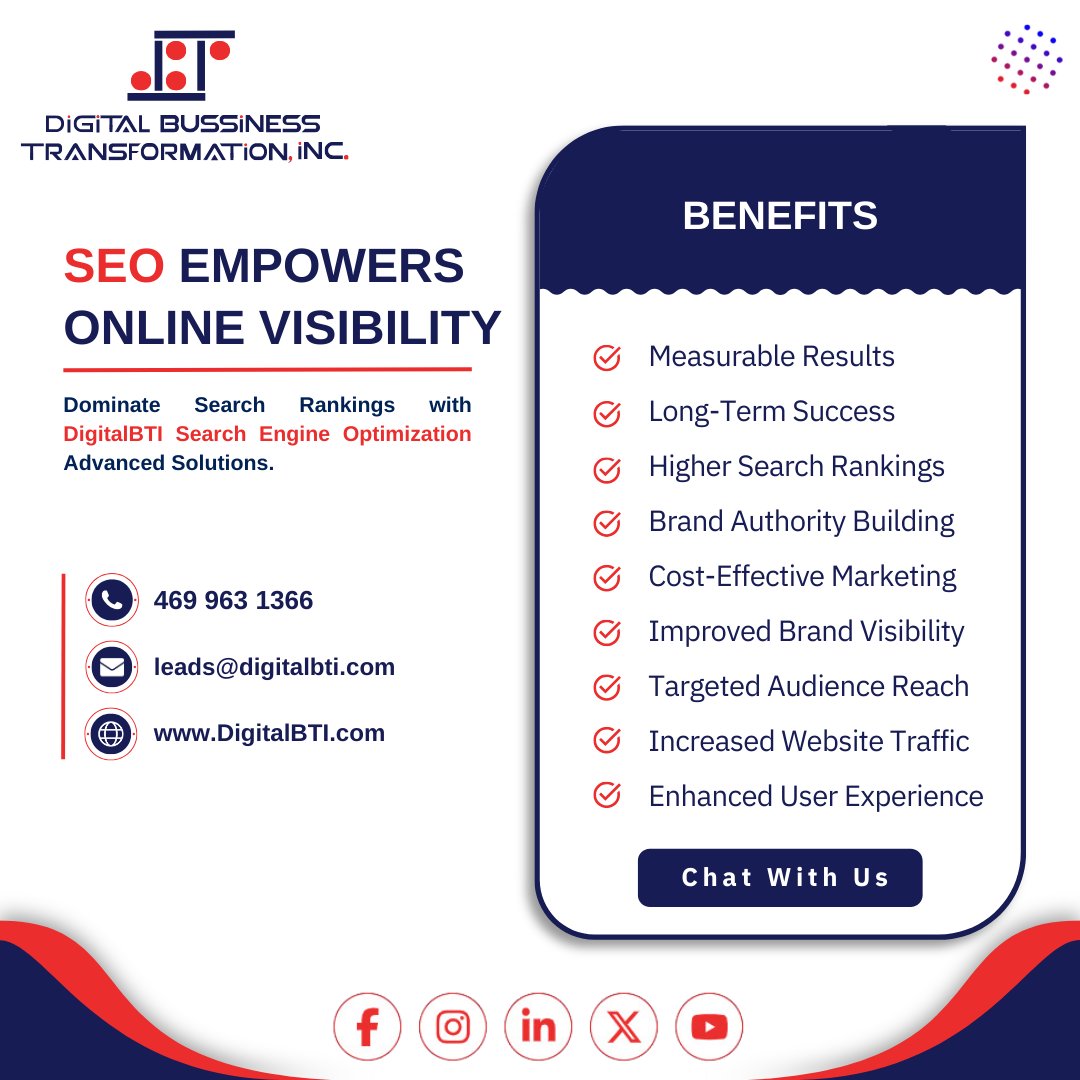 Use the professional services of DigitalBTI to optimize your SEO potential! For long-term success, dominate search rankings, send targeted traffic, and build brand authority! 💻🚀

Chat With Us At:⠀⠀
Call: 469 963 1366,⠀⠀
Email: leads@digitalbti.com,⠀⠀
Website//bit.ly/3 ...