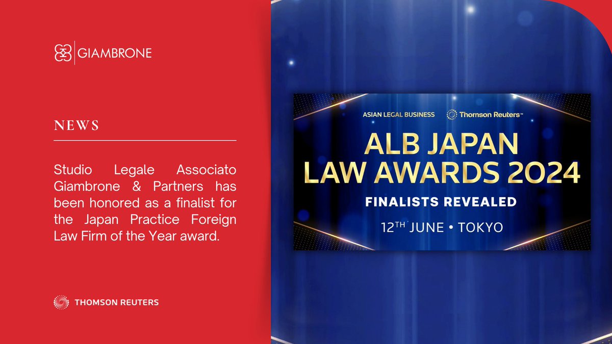 Grateful to @thomsonreuters for recognizing Studio Legale Associato Giambrone & Partners as a finalist for Japan Practice Foreign Law Firm of the Year. 

#LegalExcellence #Honored #giambrone #legalawards #Japan #lawfirm