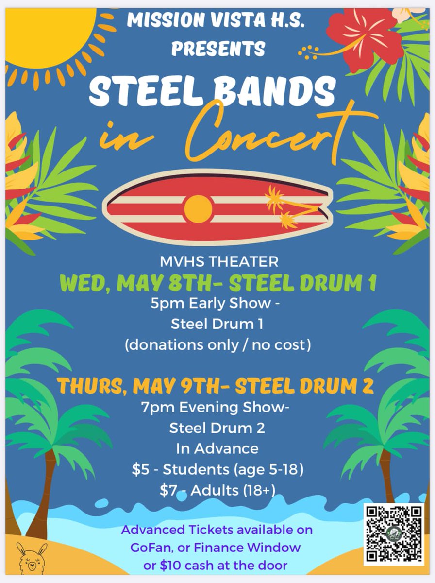 We have a great week coming up at MVHS! 🛢️🥁Steel Drum is performing on Wed and Thur. Wed- SD 1 @ 5pm (no cost) Thur- SD 2 @ 7 pm Tickets at Finance Office or GoFan (early tix $5-students age 5-18; $7-adults 18+ | Tix at the door $10 cash) GoFan- gofan.co/app/school/CA6…