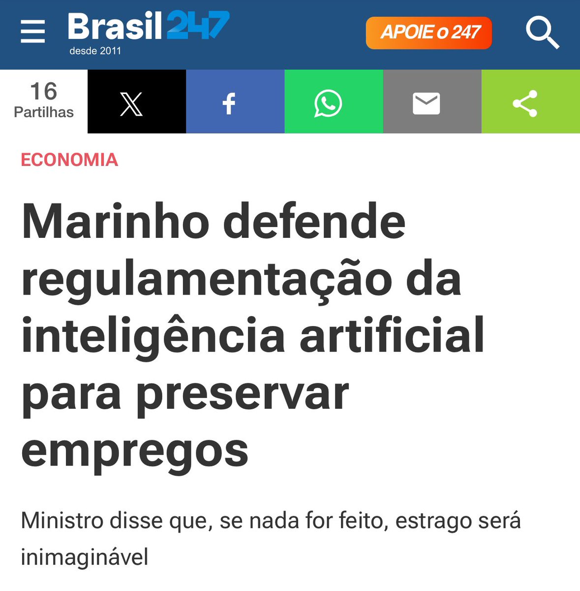 Depois da ministra da Dengue, o ministro antiTrabalho quer “regulamentar” a inteligência artificial! É o mesmo que quer regulamentar o transporte por aplicativos. Deviam era regulamentar a burrice artificial, a que usa o artifício da regulamentação a favor do atraso e contra o…