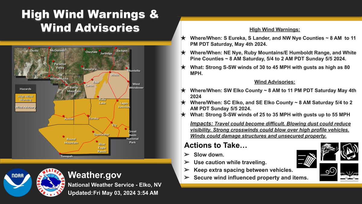 #TonopahWeather Friday
🔴High Wind Warning in effect Saturday from 8 a.m. to 11 p.m. forecast.weather.gov/showsigwx.php?…
Sunny, high near 64. West northwest wind 10 to 15 mph.

Tonight - Mostly clear, low around 46. Northwest wind 5-10 mph, becoming east-southeast after midnight. @NWSElko