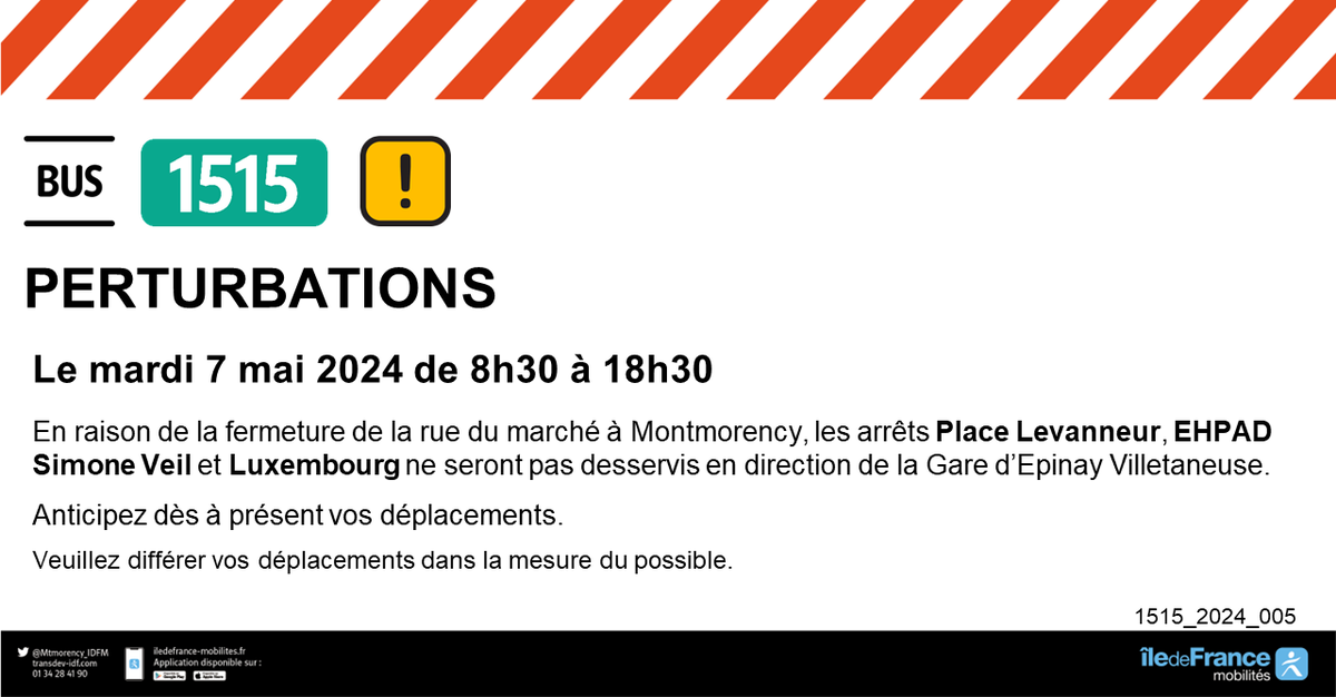🚍#InfoTrafic #Travaux Ligne 1515

🗓️Mardi 7 mai 2024 de 8h30 à 18h30

❌Les arrêts les arrêts Place Levanneur, EHPAD Simone Veil et Luxembourg ne seront pas desservis en direction de la gare d'Epinay Villetaneuse.   

Veuillez nous excuser.