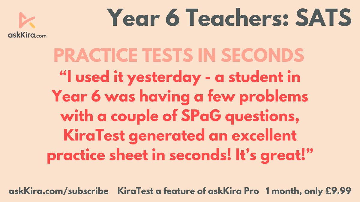 Great to hear such a positive review of our new Test Generator. Still time to create focused SATs practice tests and papers before 13 May. KiraTest is a part of the askKira Pro package for £9.99 p/m. Well worth it! askKira.com/subscribe #Year6SATs #Year6Teachers