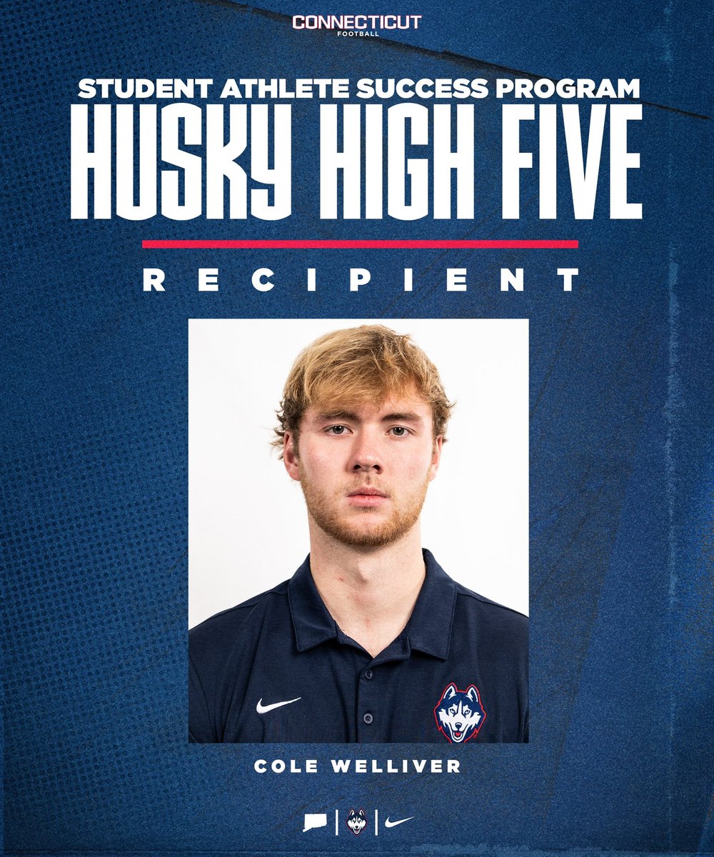 Congrats @ColeWelliver on receiving the Husky High Five award for the month of April! #CTFootball