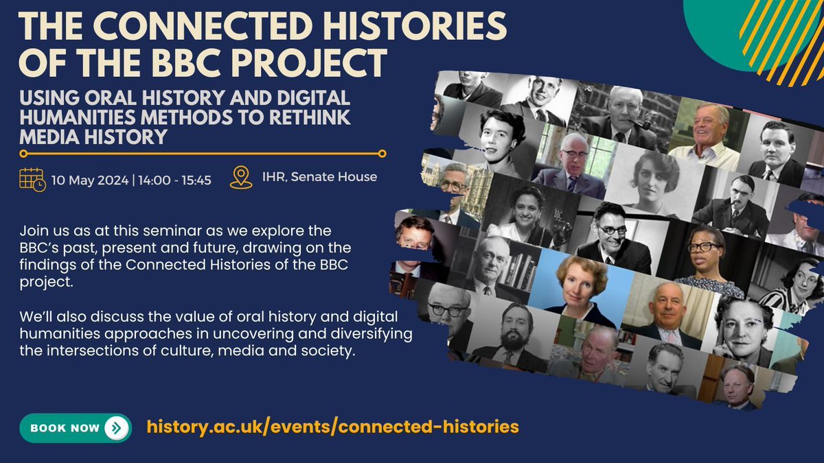 A week today - what promises to be an interesting seminar at @ihr_history . In person and online. It will explore the future potential of the @ConnHistofBBC project, which makes publicly available the BBC's Oral History archive history.ac.uk/events/connect…