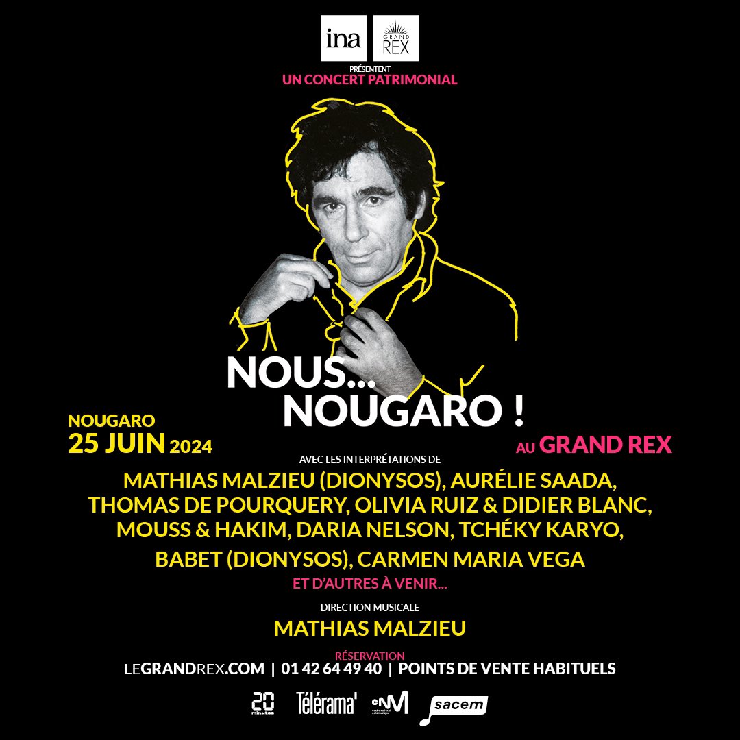 L'INA & le #GrandRex rendent hommage à #ClaudeNougaro lors d'un concert événement. Le 25 juin, découvrez sur scène des archives uniques et de nombreux artistes pour faire revivre les chansons de l'homme aux semelles de swing ! Billetterie ➡️ tinyurl.com/2v96mpvx