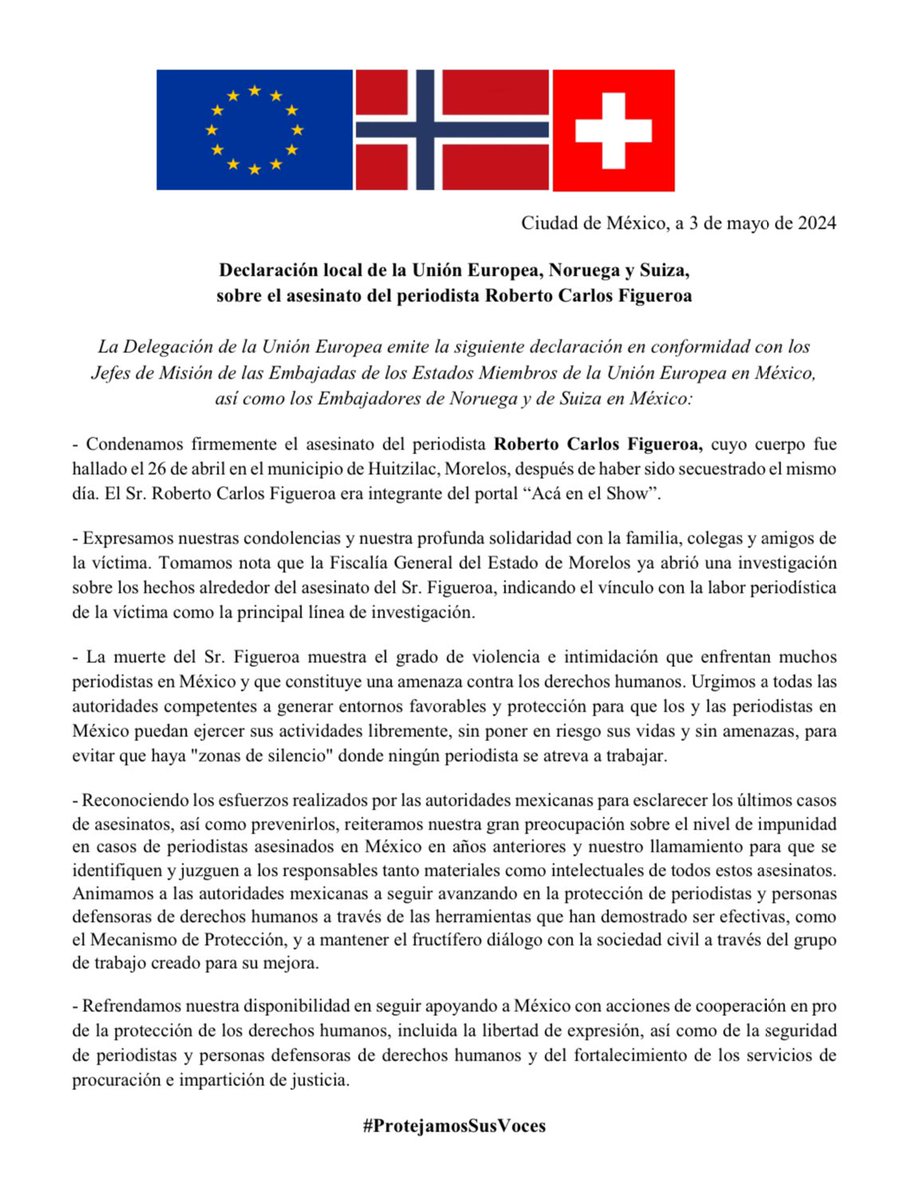 ⚠️ Declaración local de la Unión Europea, Noruega y Suiza, sobre el asesinato del periodista Roberto Carlos Figueroa 🔗 europa.eu/!9n3cKr #ProtejamosSusVoces