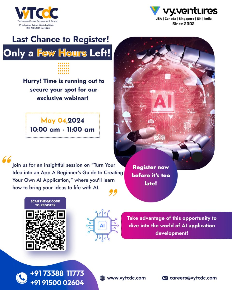 Hurry! Last chance to join our AI app webinar! Learn to turn ideas into apps.  
Register now for insights on AI development! 
#AIwebinar #lastchance #appdevelopment #ideasintoapps #registernow #AIinsights #webinartime #dontmissout #appcreation #AIlearning #webinarevent #appideas