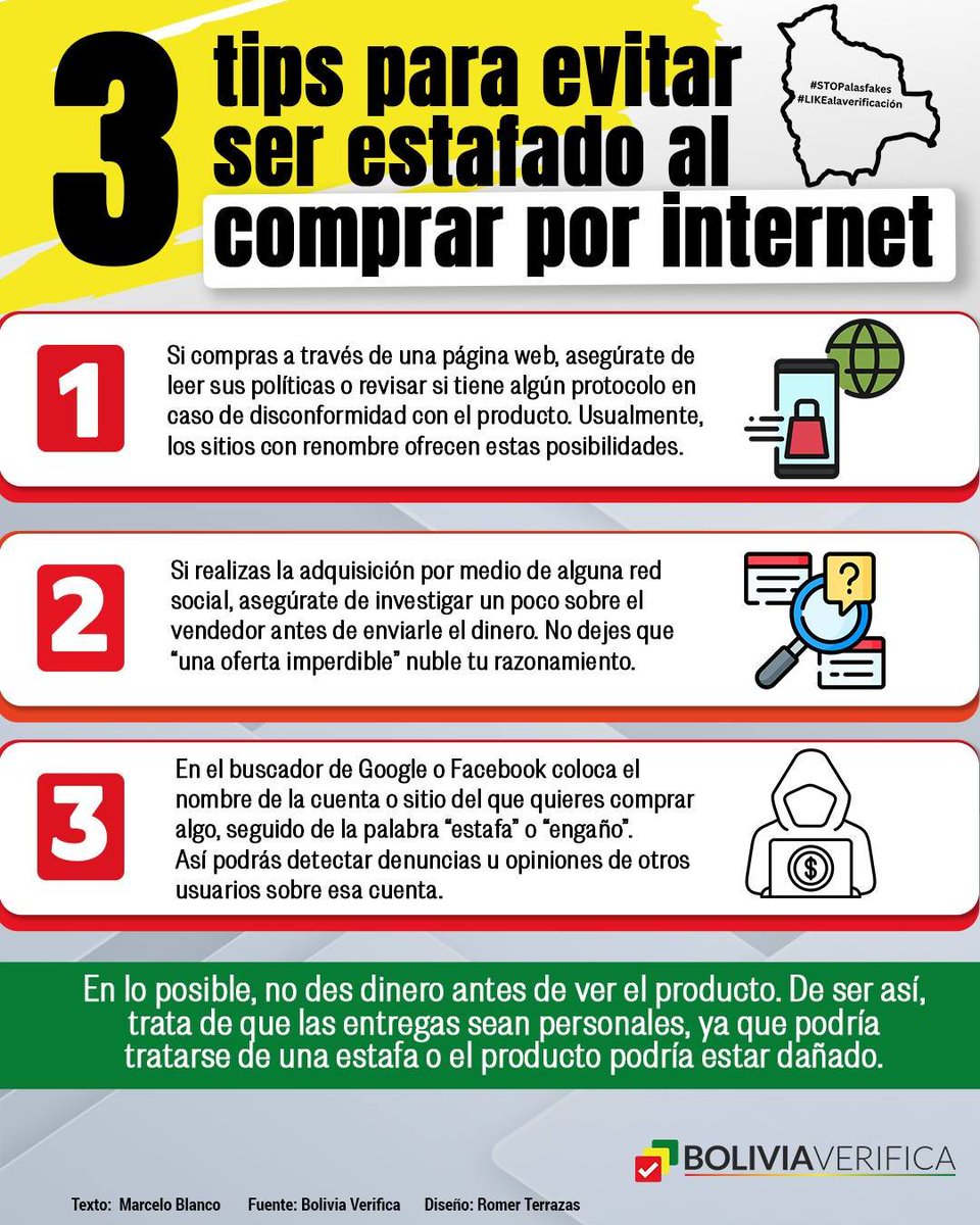 BoliviaVerif1ca's tweet image. Comprar en línea 📲👦💻👩💻 representa una serie de ventajas, pero también de riesgos 👀. Sin embargo, si sigues estos simples pasos puedes evitar caer en manos de estafadores 📵.
#BoliviaVerifica #estafasdigitales #comprasenlínea