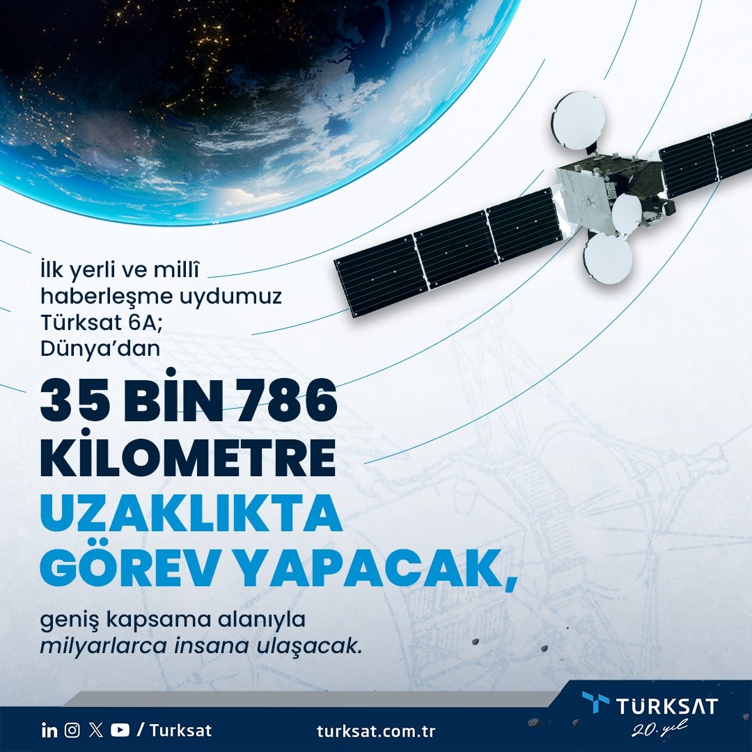 Uydu ve uzay teknolojilerinde dünyanın öncü ülkelerinden biri olan Türkiye, #Türksat6A ile kendi haberleşme uydusunu üretebilen 10 ülke arasında. Uzaydaki 🇹🇷 imzamız 6A çok yakında 🚀