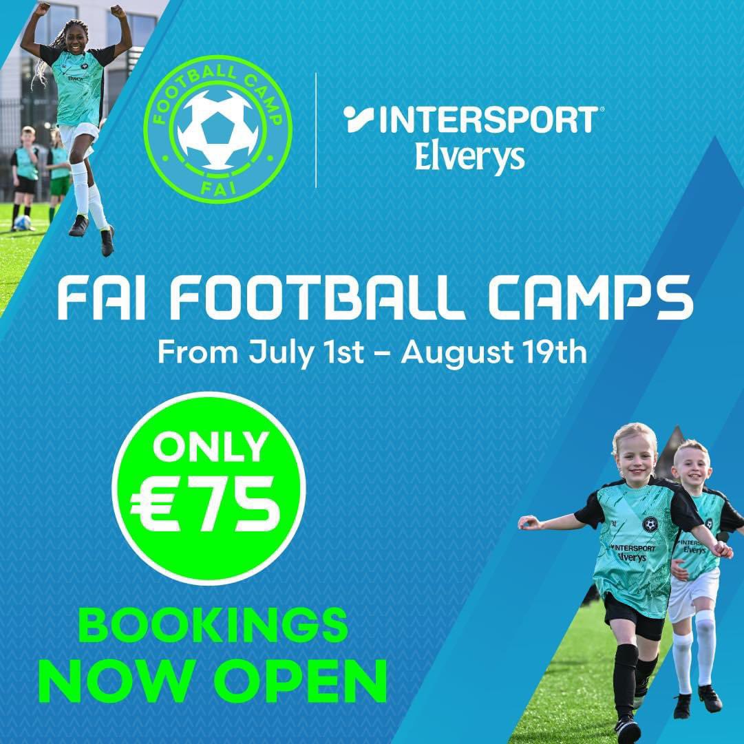 Bookings for this year’s FAI Football Camps are 𝗢𝗣𝗘𝗡 🙌☘️
 
✍️ Book your child onto a camp now!
📅 July 1 - August 19
⚽️ From €75

bookings.faifootballcamps.ie