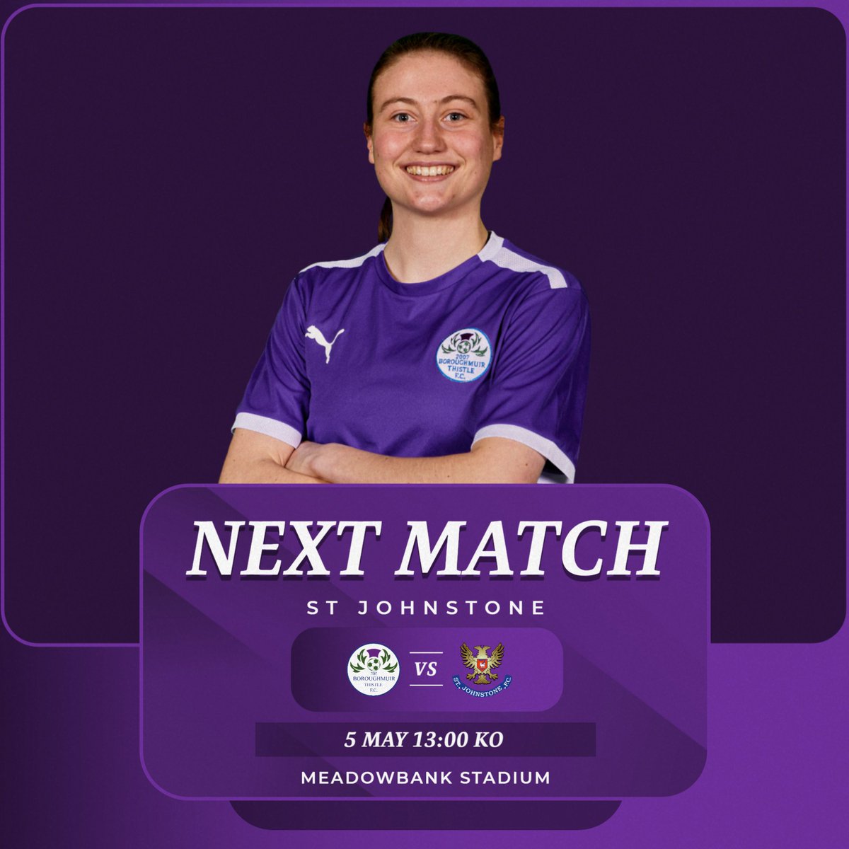 𝗡𝗘𝗫𝗧 𝗠𝗔𝗧𝗖𝗛 🤝 We are back at in action this Sunday, with a big game against @stjwfc in store. 🏆 @SWPL 🏟️ Meadowbank 🕛 1pm KO 🎟️ £6/£2 📝 Preview out tomorrow ➡️ Look out for matchday coverage on our dedicated Twitter account @thistlelive.