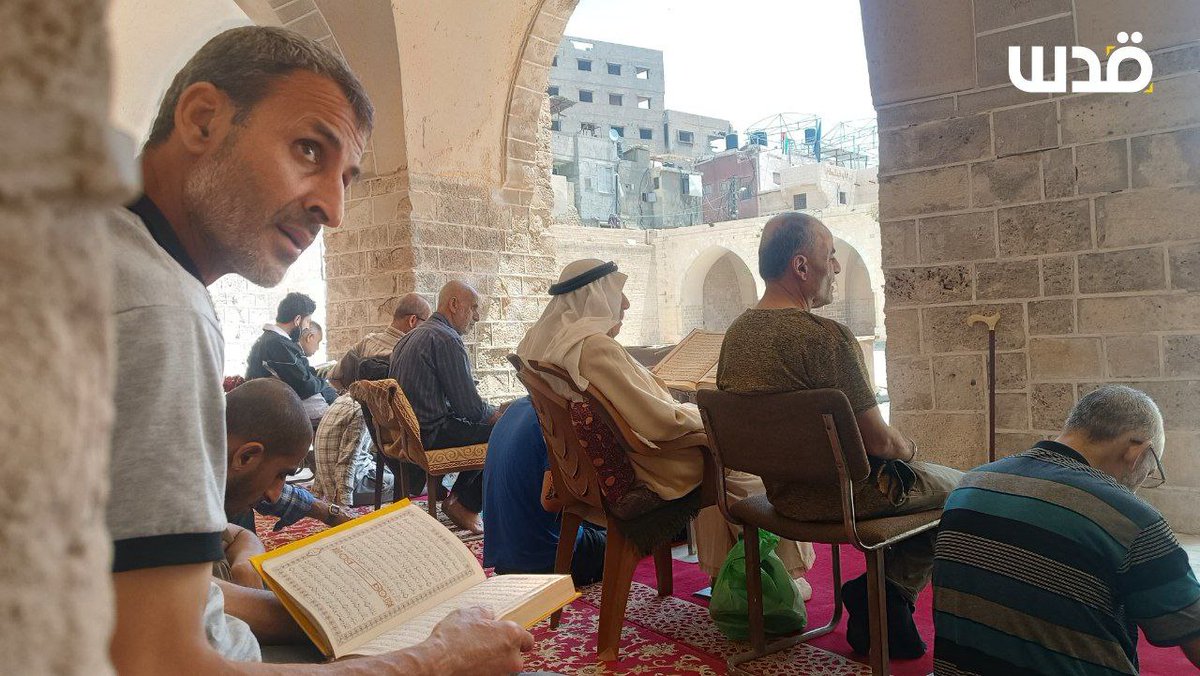 Despite severe damage caused by Israeli occupation targeting, Palestinians pray at the historic Al-Omari Mosque Square in Gaza City today.