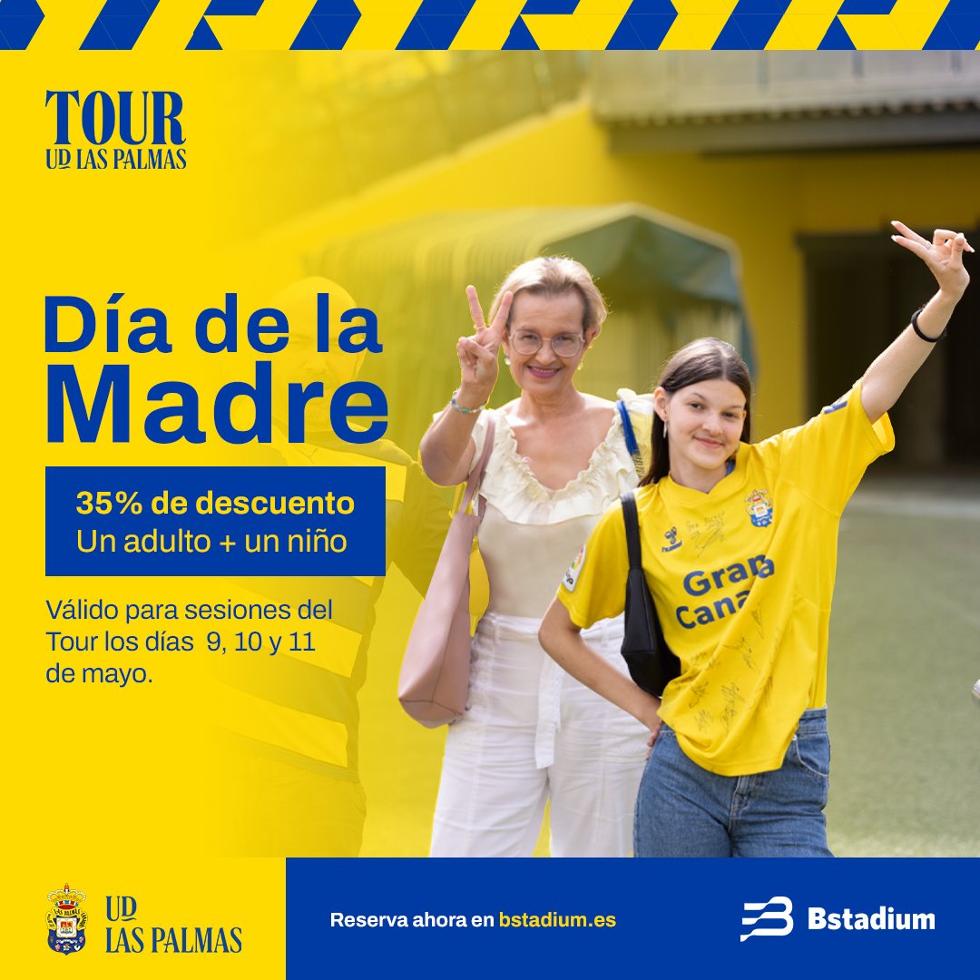 ¡Se acerca el #DíaDeLaMadre! 🎁💛 Sorpréndela con una experiencia única. 

🏟️ Disfruten de un 𝟑𝟓% 𝒅𝒆 𝒅𝒆𝒔𝒄𝒖𝒆𝒏𝒕𝒐 en entradas adulto+infantil de nuestro Tour los días 9, 10 y 11 de mayo.
🔸 udlaspalmas.es/tour 

#LaUniónHaceLasPalmas #LaUniónDePorVida