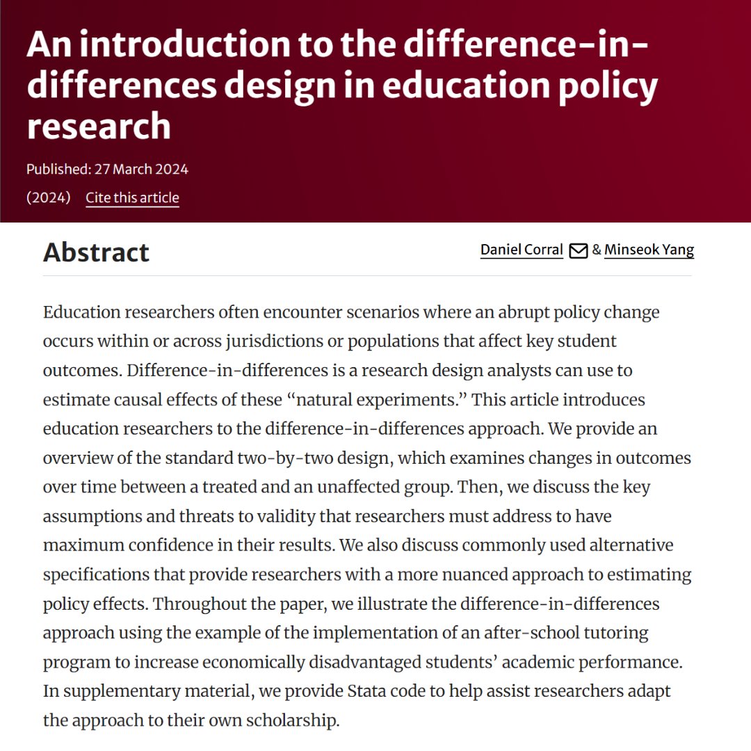 🚨New Publication Alert! 🚨
Check out 'An introduction to the difference-in-differences design ineducation policy research' co-authored by our very own ELPA Assistant Professor Minseok Yang!
doi.org/10.1007/s12564…

#LeadLearnELPA #PolicyResearch #PolicyOutcomes #ResearchDesign