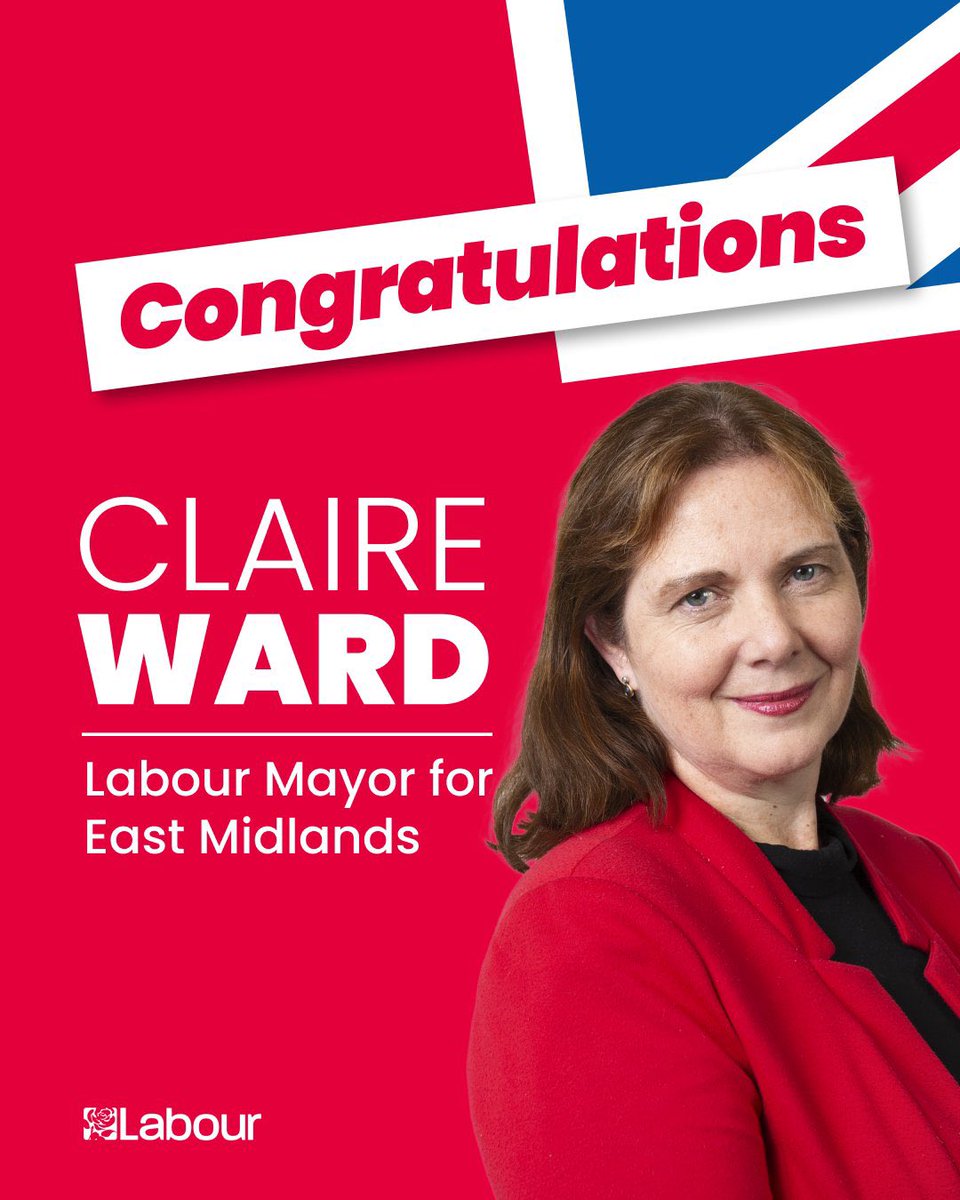 Congratulations to @ClaireWard4EM, our very first East Midlands Mayor!

Derbyshire and Nottinghamshire voted for change: for affordable homes, green jobs, high quality public transport and against the Tories’ divisive agenda.

Well done to everyone who campaigned for this result.