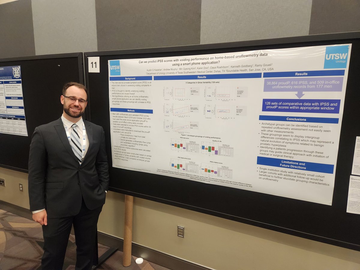 Superstar @UTSWUrology PGY-4 @AustinKazarian with one of his three presentations this morning, here with a MASSIVE dataset of home uroflow readings showing predictive power for outlet obstruction.