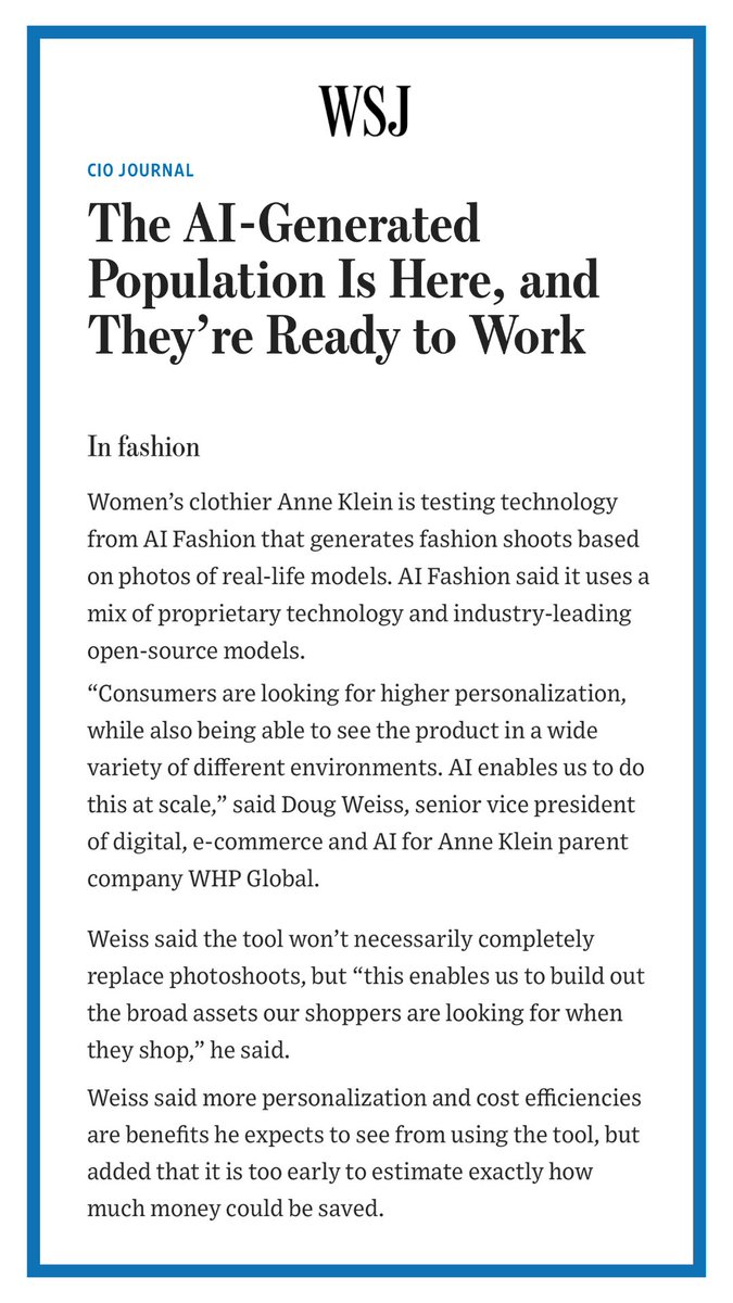 The AI-Generated Population is here. Discover how @AnneKlein and other forward-thinking companies are leveraging AI. Read the full piece from @WSJ here: wsj.com/articles/the-a…