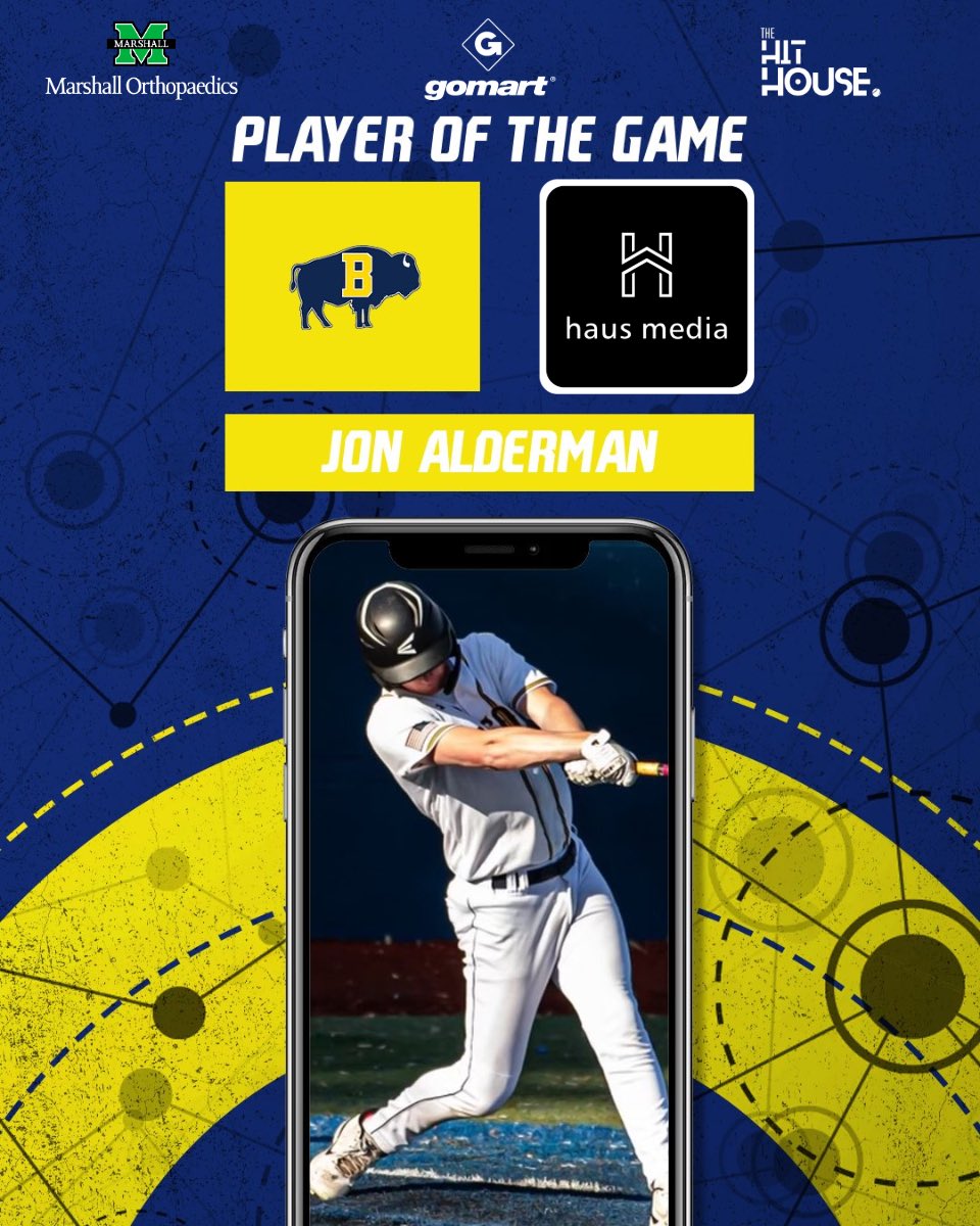 @haus_media Player of the Game goes to Buffalo High Baseball @JonAlderman_25 who pitched in relief to earn the win while going 2-4 from the plate with 3 RBI’s to help Buffalo defeat Wayne 13-8‼️⚾️🔥 Sponsored By: @MUHealthOrtho , The Hit House , @GoMartStores