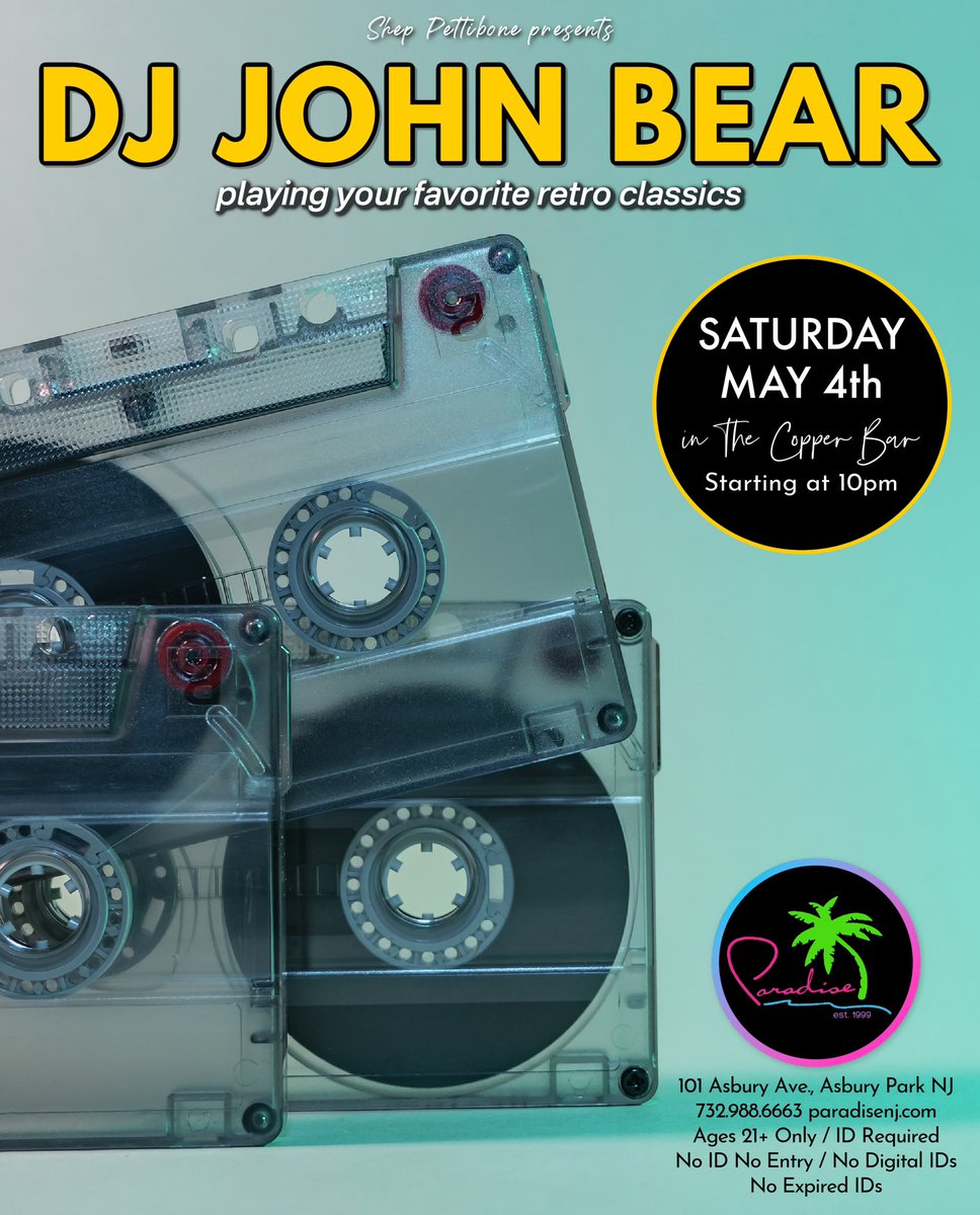 DJ John Bear - Sat 5/4 🕺🏻💖🌴 The Copper Bar - 10pm til close #paradisenj #asburypark #lgbtq #djs #asburyparknj #saturdayvibes #saturdaynight #weekendvibes #Saturday #gaybar #gay @ILoveGayNJ