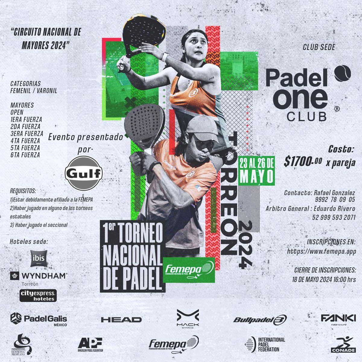 💥1er Torneo Nacional Mayores y Open Torreon 2024 
🎾fecha: del 23-26 de mayo 
🎾cierre de inscripciones: 18 de mayo a las 16:00 horas 
🎾inscripciones: femepa.app 
🎾club sede: <a href="/padel/">padel</a>_one_club 
@padel.fupaco 
🎾 CATEGORIAS: infantiles y veteranos