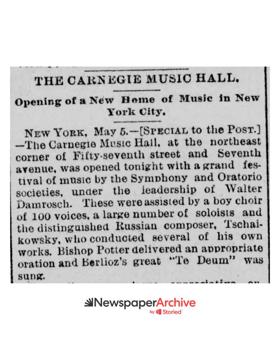 🎶✨ On this day in 1891, Carnegie Hall opened its doors in New York City! Celebrate this iconic venue that's hosted legendary performances for over a century. Who's your favorite performer to grace its stage? #ThisDayInHistory #CarnegieHall #NewspaperArchive🏛️🎻