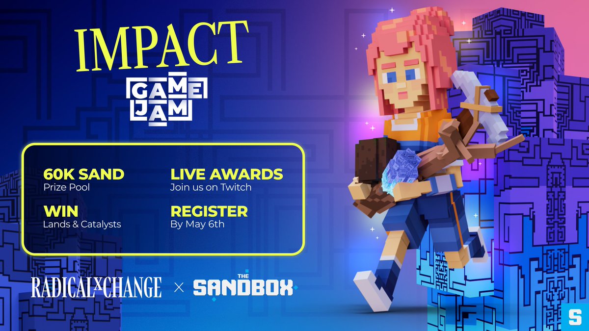 Web3 Gamers community Alert. @TheSandboxGame and @RadxChange are kicking off the #GameJam with Impact on May 6th AMA and kick-off at at 1.30pm UCT / 9.30am EST / 15h30 CET on Twitch (twitch.tv/thesandboxgame) Dive into the IMPACT!
