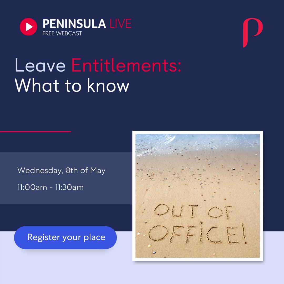 Your employee has requested leave...what's next?

Join us for a free webcast where we discuss leave entitlements and what you need to know!

📆 Wed 8th May
🕑 11am
🔗 Register here: peninsulagrouplimited.com/ie/webinars/48…

#annualleave #timeoff #paidleave #employeerights