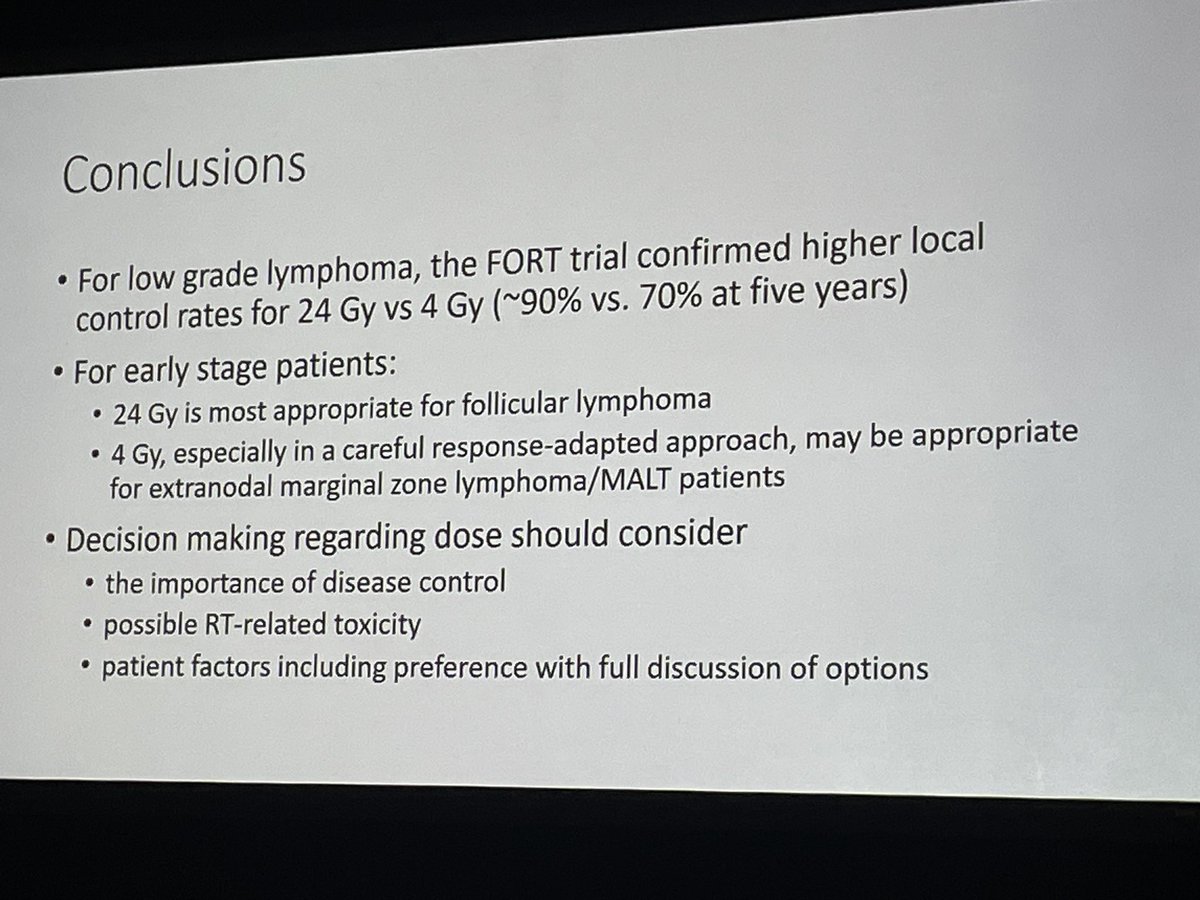 Who should get ultra low dose (4 Gy) response adapted RT for early stage indolent B-cell lymphoma? @JillGunther drops knowledge on us at #ARS2024. For low risk pts like those with MALT lymphoma she asks “Why give dose that you don’t need?”. @BouthainaDabaja