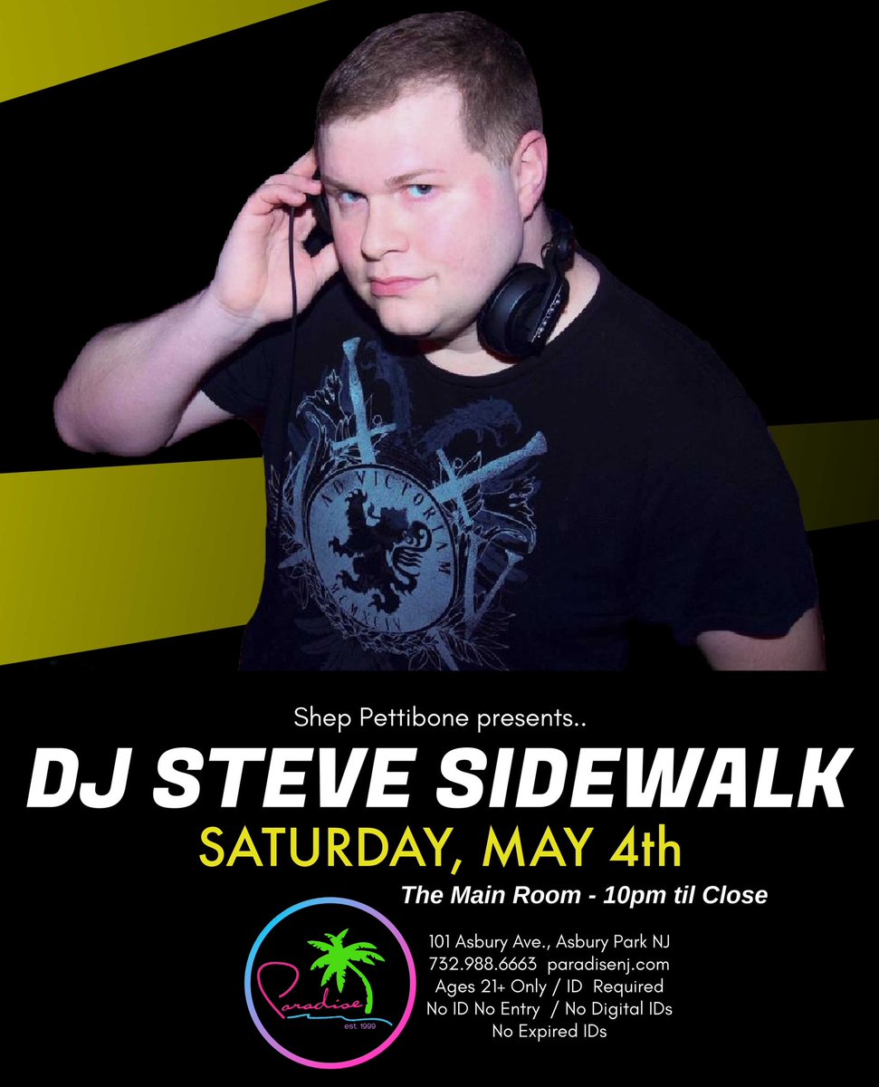 DJ Steve Sidewalk 😀💖🌴 Saturday, May 4th Main Room - 10pm til 2am #paradisenj #asburypark #lgbtq #djs #asburyparknj #saturdayvibes #saturdaynight #weekendvibes #Saturday #loveislove #gay #gaybar @ILoveGayNJ