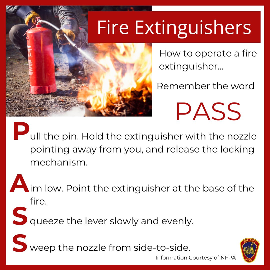 Every household should have a fire escape plan, working smoke detectors, and a portable fire extinguisher. Follow these tips on how to safely use a fire extinguisher. ⁠
⁠
#Atholfire #nfpa #fireextinguishers #firesafety
