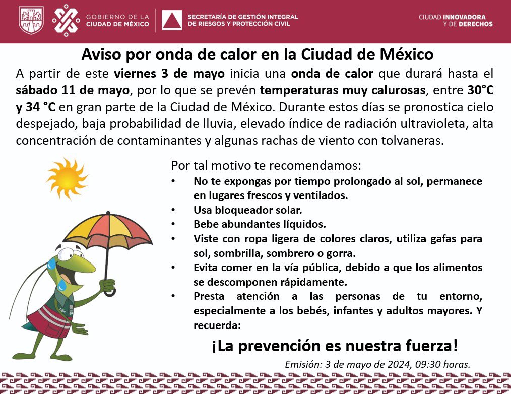 AzcapotzalcoMx's tweet photo. La alcaldía te informa:🌞🔥 Se emite un aviso importante debido a la onda de calor. Se esperan temperaturas de hasta 34 grados cent��grados. Evita la exposición prolongada al sol y toma precauciones para cuidar tu salud. 🧴💧 https://t.co/XbseFvVdxU