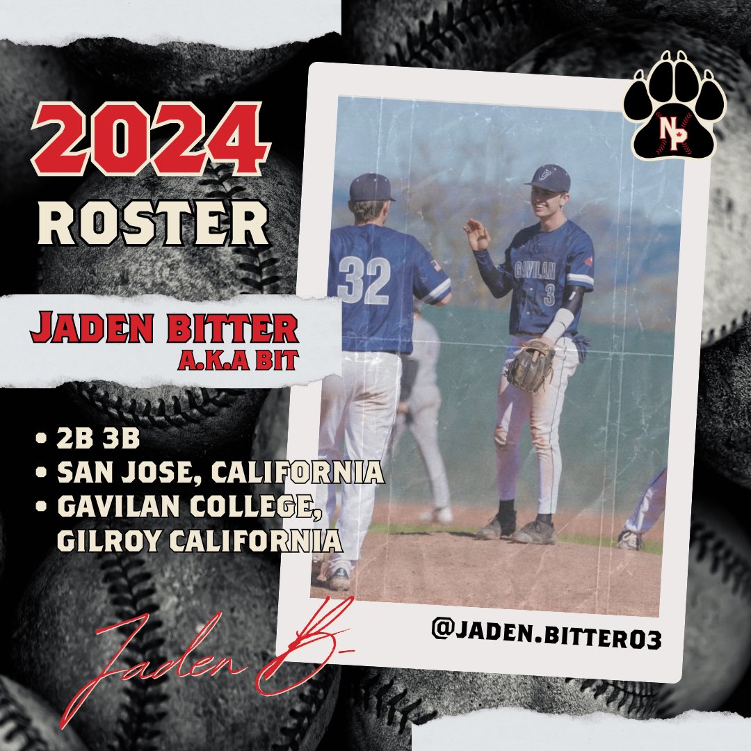 Say hello to Jaden Bitter aka 'Bit', your fresh talent at 2nd and 3rd base for The Northpaws. Coming straight from the sunny vibes of San Jose, California, and honing his skills at Gavilan College, Gilroy. With an .303 batting average in 2024, Jaden will hit it out of the park!